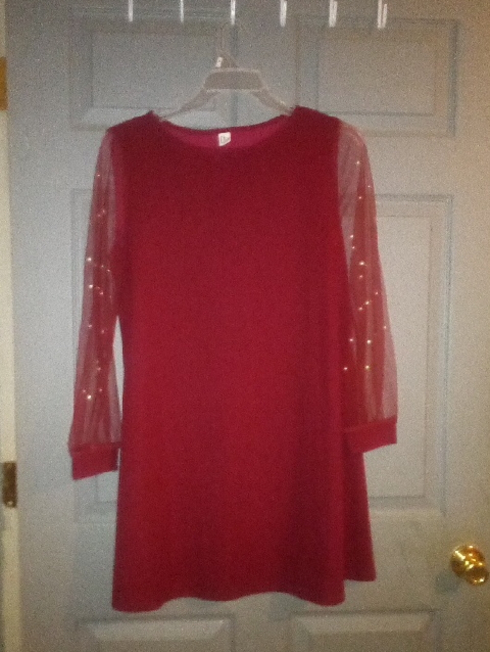 Red Women’s Dress with Sheer Beaded Sleeves